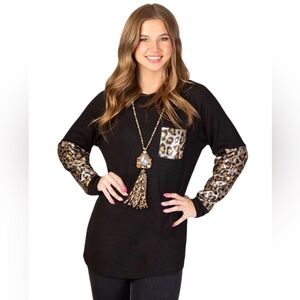 Sunshine and Rodeos Dipped in Leo Sequin Sleeve Leopard Print Top Large NWT